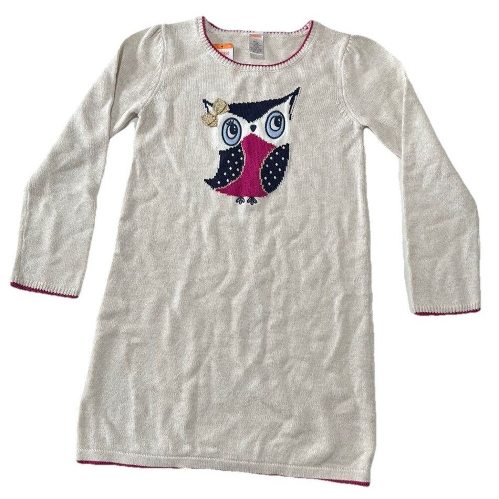 Girls Warm Winter Gymboree owl sweater dress size 12 ivory With Bow NWT